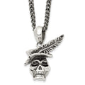 Chisel Stainless Steel Antiqued and Polished Skull with Feather Hat Pendant on a 22 inch Curb Chain Necklace, 22 x 35.55 mm