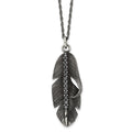 Chisel Stainless Steel Antiqued and Polished with Black CZ Feather Pendant on a 20 inch Singapore Chain Necklace, 20 x 20 mm
