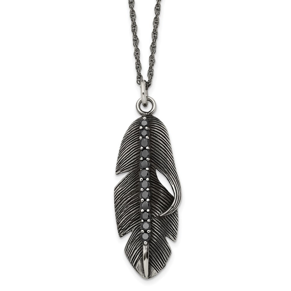 Chisel Stainless Steel Antiqued and Polished with Black CZ Feather Pendant on a 20 inch Singapore Chain Necklace, 20 x 20 mm
