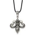 Chisel Stainless Steel Antiqued and Polished Fleur de lis Pendant on a 20 inch Leather Cord Necklace, 20 x 29 mm