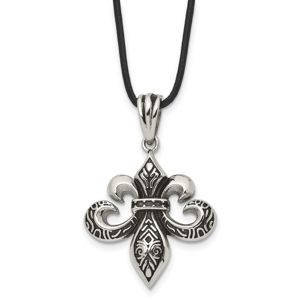 Chisel Stainless Steel Antiqued and Polished Fleur de lis Pendant on a 20 inch Leather Cord Necklace, 20 x 29 mm