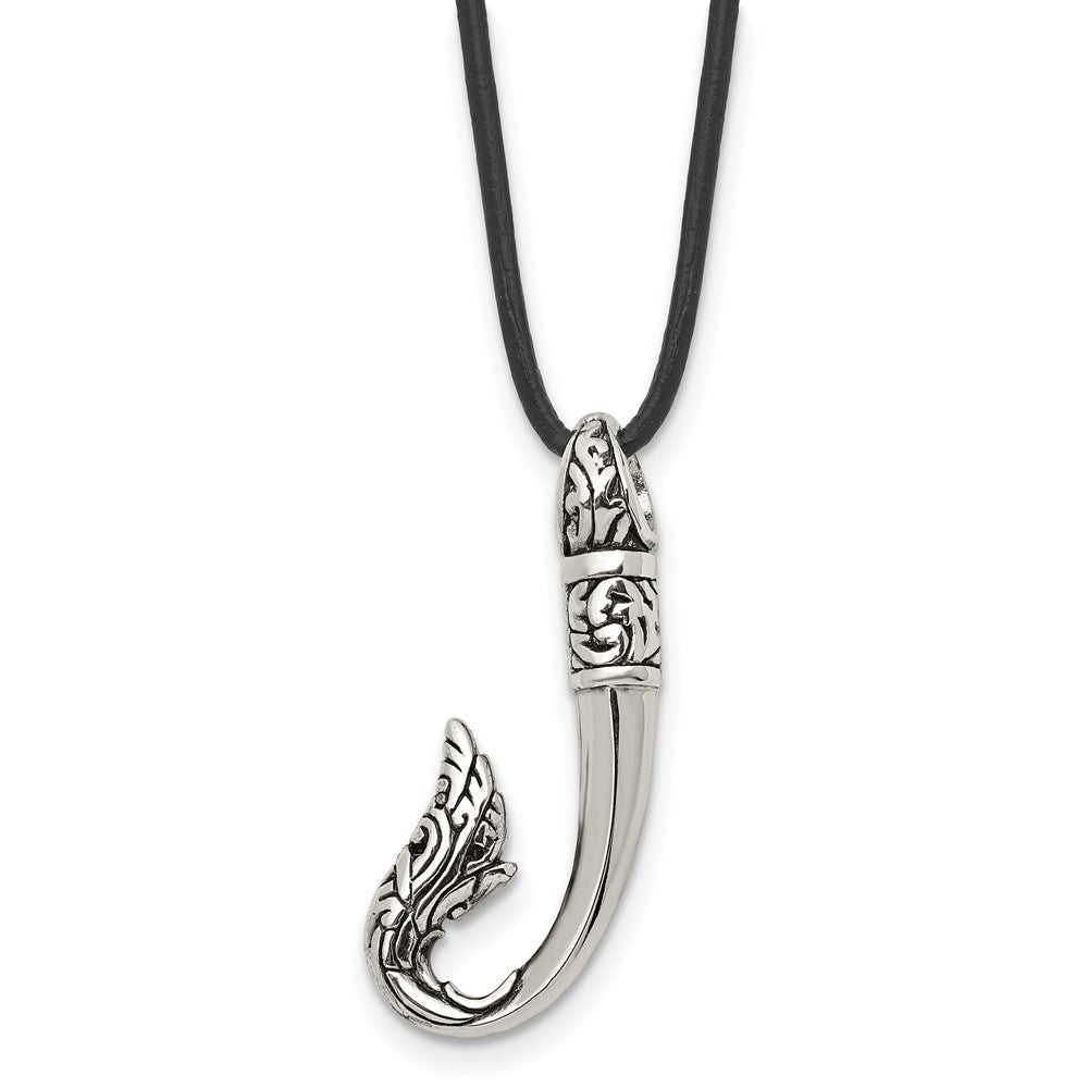 Chisel Stainless Steel Antiqued and Polished Hook Pendant on a 20 inch Black Leather Cord Necklace, 20 x 17.05 mm