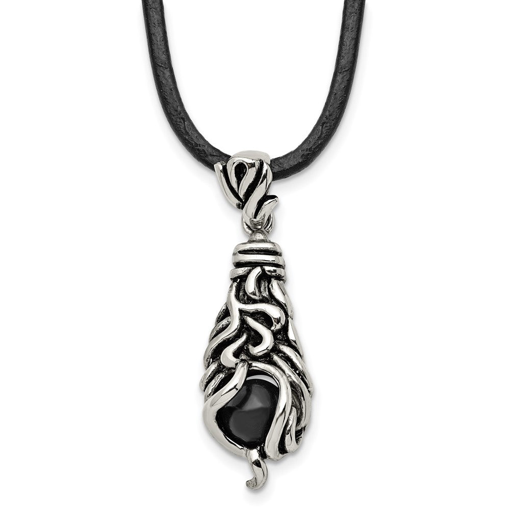 Chisel Stainless Steel Antiqued Polished and Textured Moveable Black Agate Pendant on a 20 inch Leather Cord Necklace, 20 x 15.45 mm