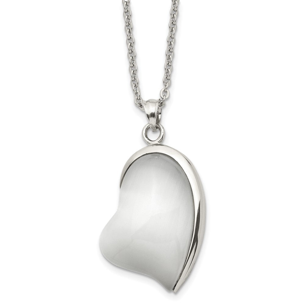 Stainless Steel Polished White Cat's Eye Heart 20in Necklace, 20 mm