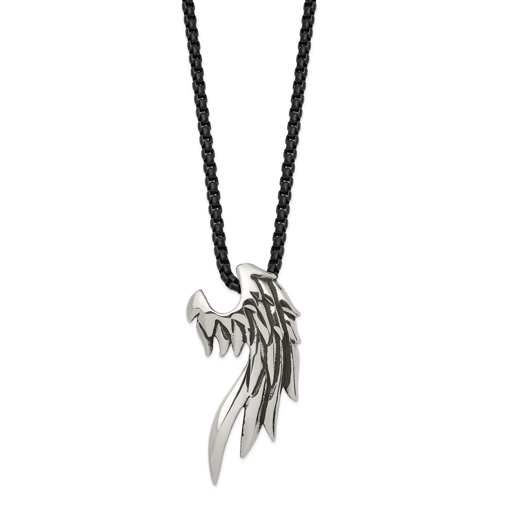 Chisel Stainless Steel Antiqued and Polished Wing Slide on a Black IP-plated 20 inch Box Chain Necklace, 20 x 26 mm