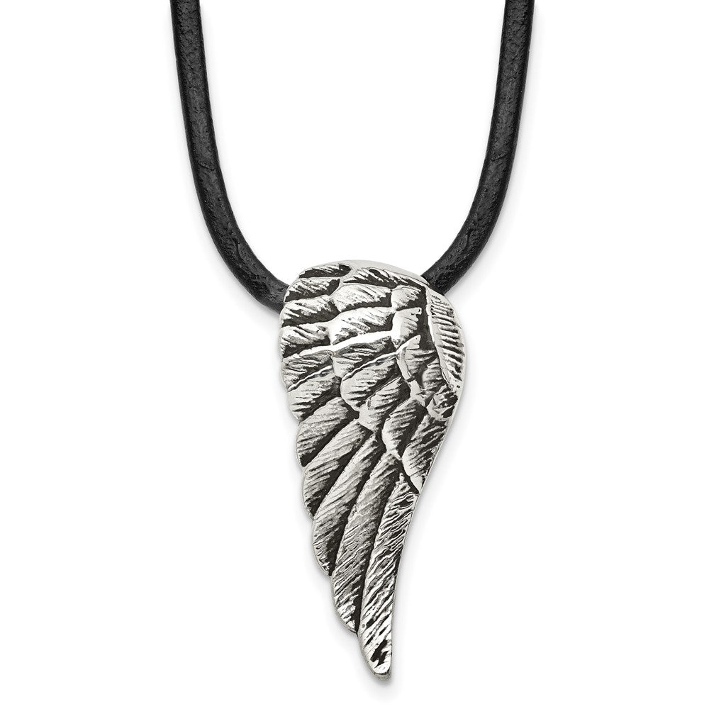 Chisel Stainless Steel Antiqued and Polished Wing Pendant on a 20 inch Leather Cord Necklace, 20 x 17.5 mm