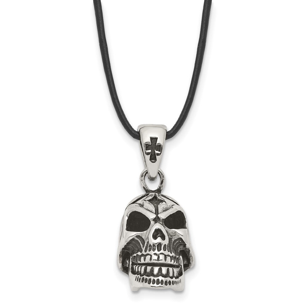 Chisel Stainless Steel Antiqued and Polished Moveable Skull Pendant on a 20 inch Leather Cord Necklace, 20 x 15 mm