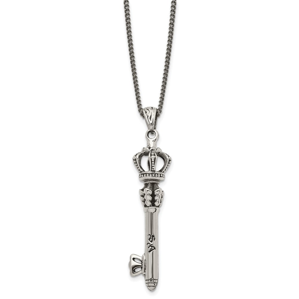 Stainless Steel Antiqued and Polished Crown Key 20in Necklace, 20 mm