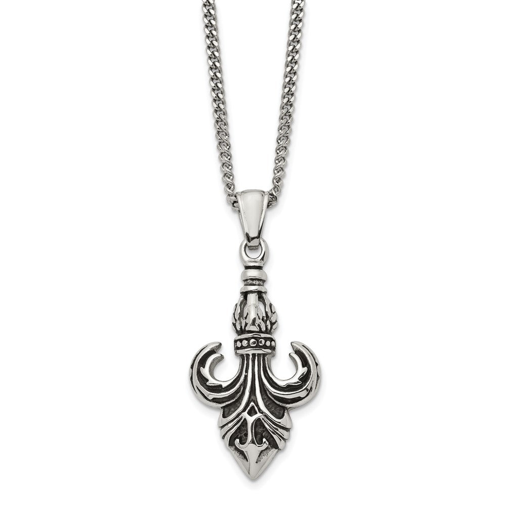 Chisel Stainless Steel Antiqued and Polished Fleur de lis Pendant on a 22 inch Curb Chain Necklace, 22 x 24 mm
