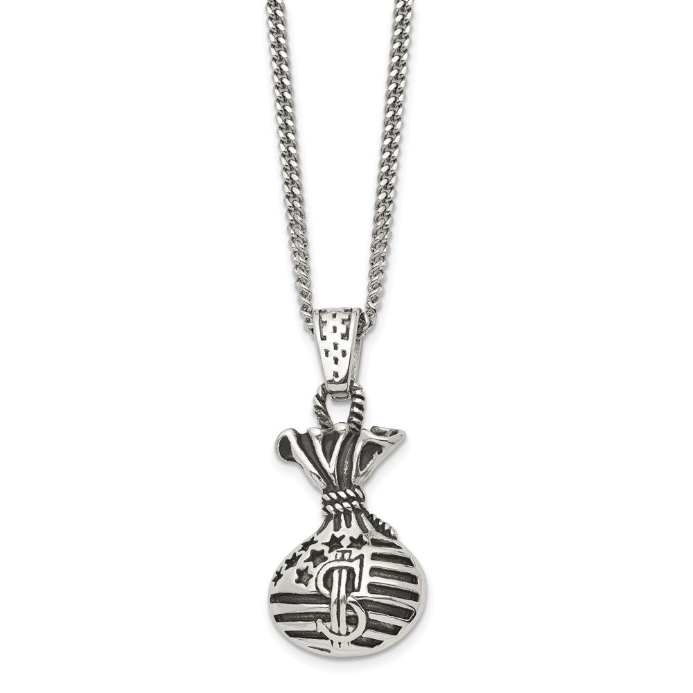 Chisel Stainless Steel Polished and Antiqued Money Bag Pendant on a 22 inch Curb Chain Necklace, 22 x 6.15 mm