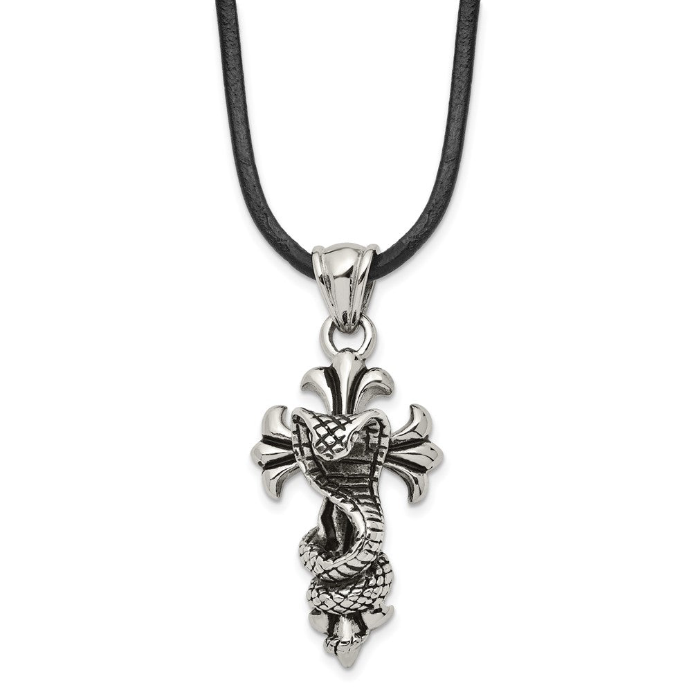 Chisel Stainless Steel Antiqued and Polished Snake on Cross Pendant on a 20 inch Leather Cord Necklace, 20 x 27.03 mm