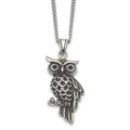 Stainless Steel Antiqued and Polished w/Black Crystal Owl 20in Necklace, 20 mm