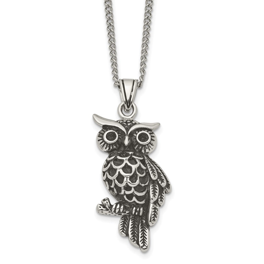 Stainless Steel Antiqued and Polished w/Black Crystal Owl 20in Necklace, 20 mm