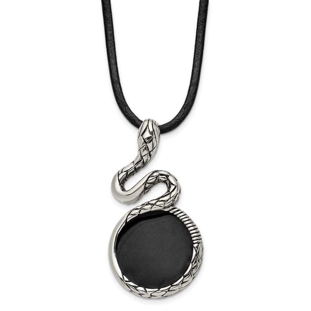 Chisel Stainless Steel Antiqued and Polished Enameled Snake Pednant on a 20 inch Leather Cord Necklace, 20 x 29.21 mm