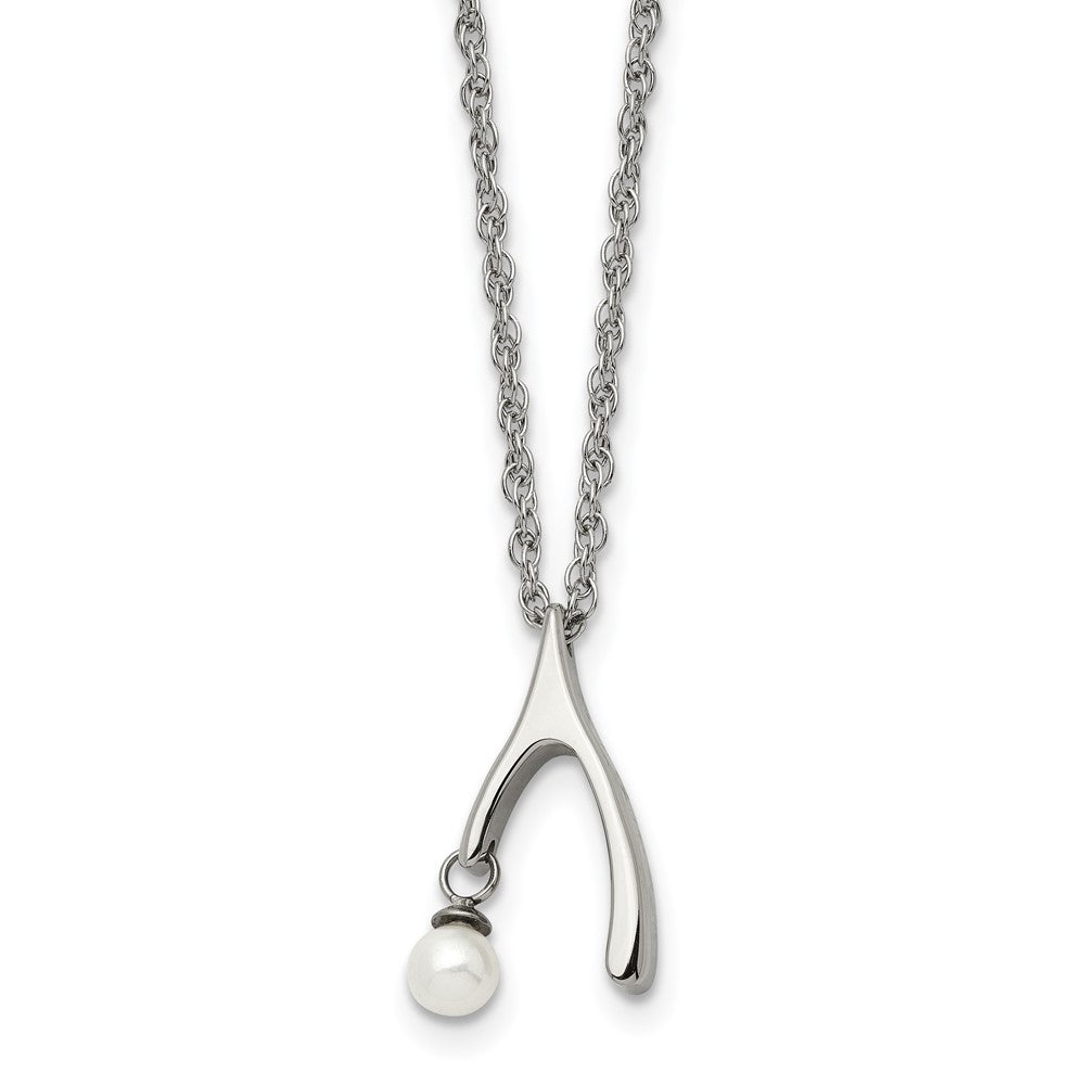 Stainless Steel Polished Wishbone Imitation Pearl 16in Necklace, 16 mm