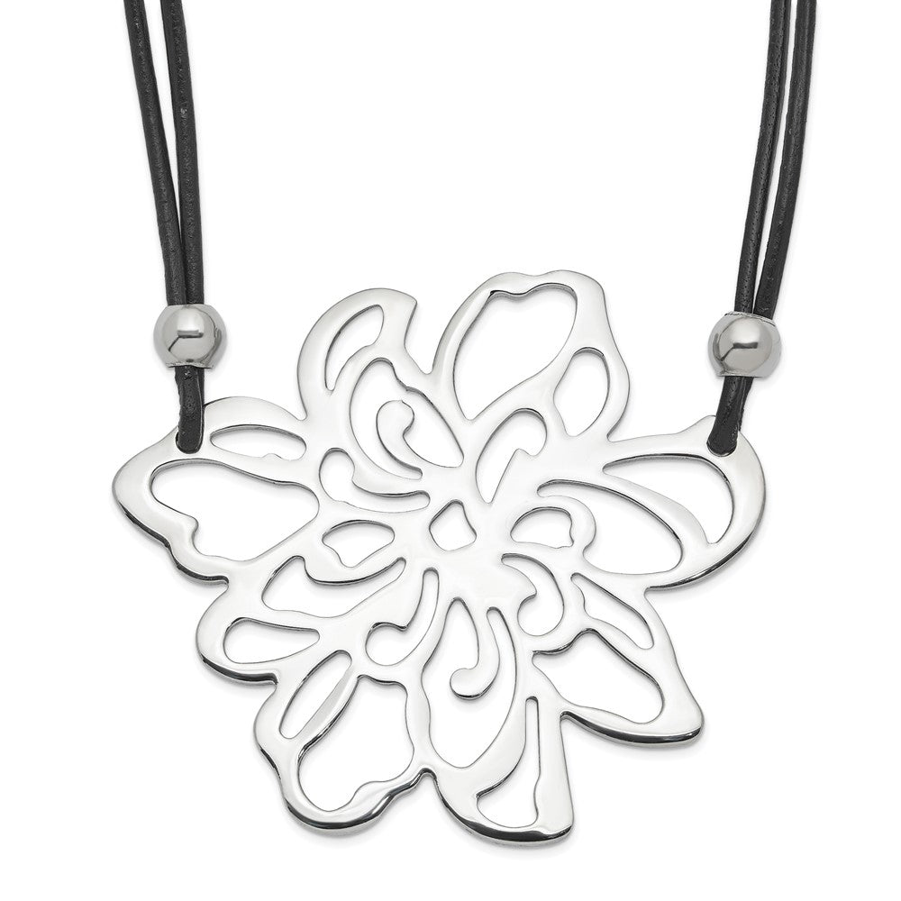 Stainless Steel Polished Flower w/Black Leather Cord Necklace, 19.25 mm