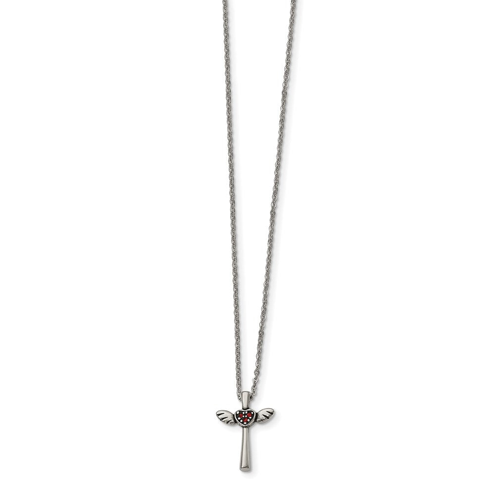 Stainless Steel Polished w/ Red Crystal Cross Necklace, 18 mm