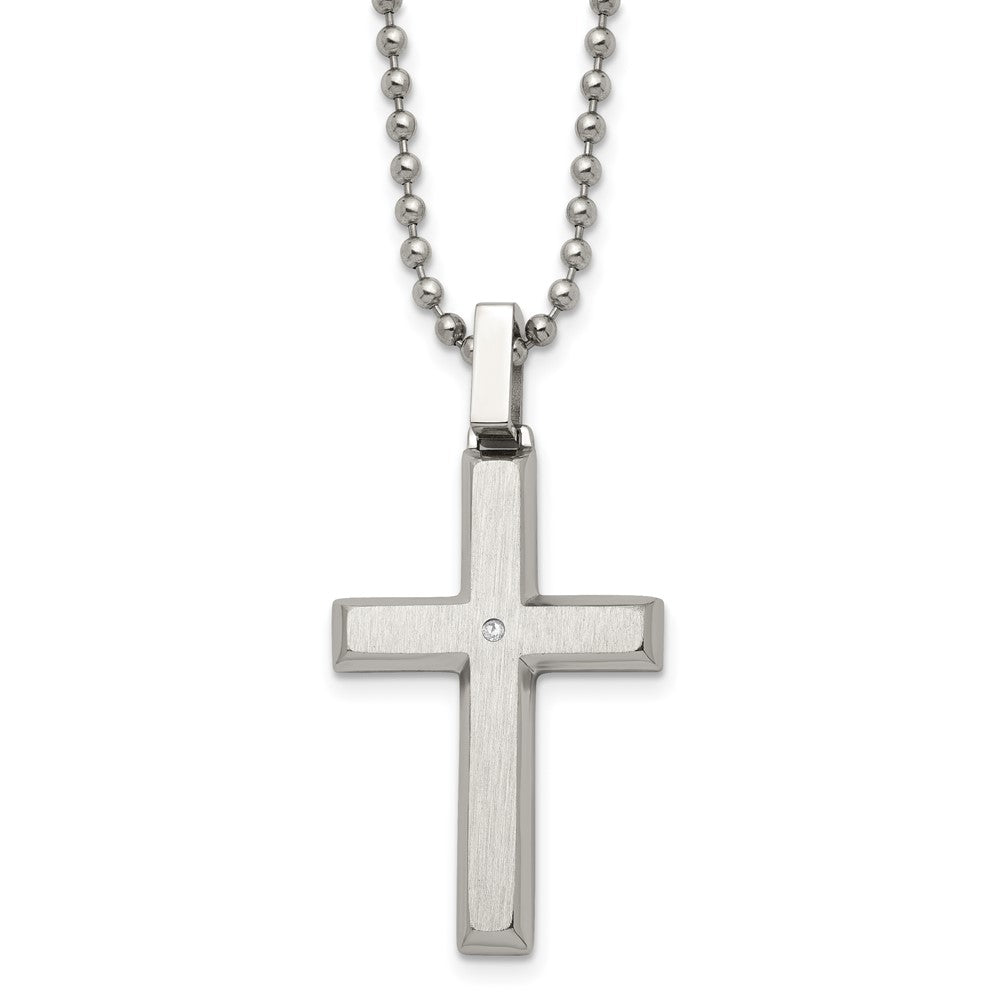 Chisel Stainless Steel Brushed and Polished .01 carat Diamond Cross Pendant on a 22 inch Ball Chain Necklace, 0.01 ct, 22 x 25 mm