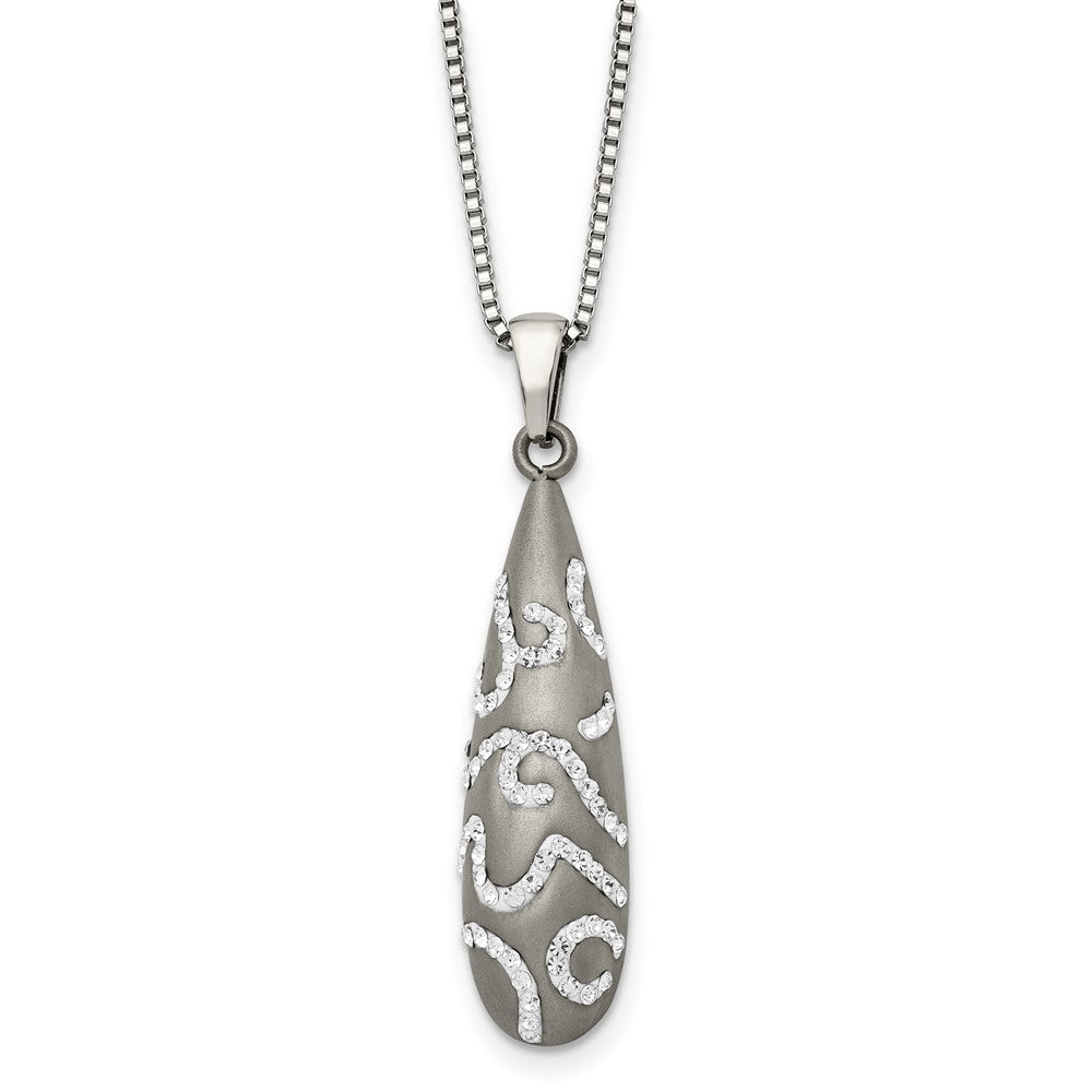 Chisel Stainless Steel Polished with Crystal Teardrop Pendant on an 18 inch Box Chain Necklace, 18 x 12 mm
