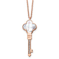 Chisel Stainless Steel Polished Rose IP-plated CZ and Mother of Pearl Key Pendant on a 16 inch Cable Chain with a 2 inch Extension Necklace, 16 x 17 mm