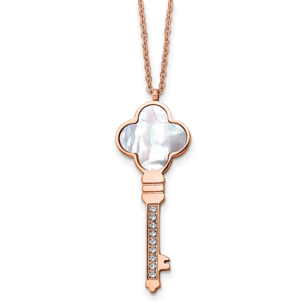 Chisel Stainless Steel Polished Rose IP-plated CZ and Mother of Pearl Key Pendant on a 16 inch Cable Chain with a 2 inch Extension Necklace, 16 x 17 mm