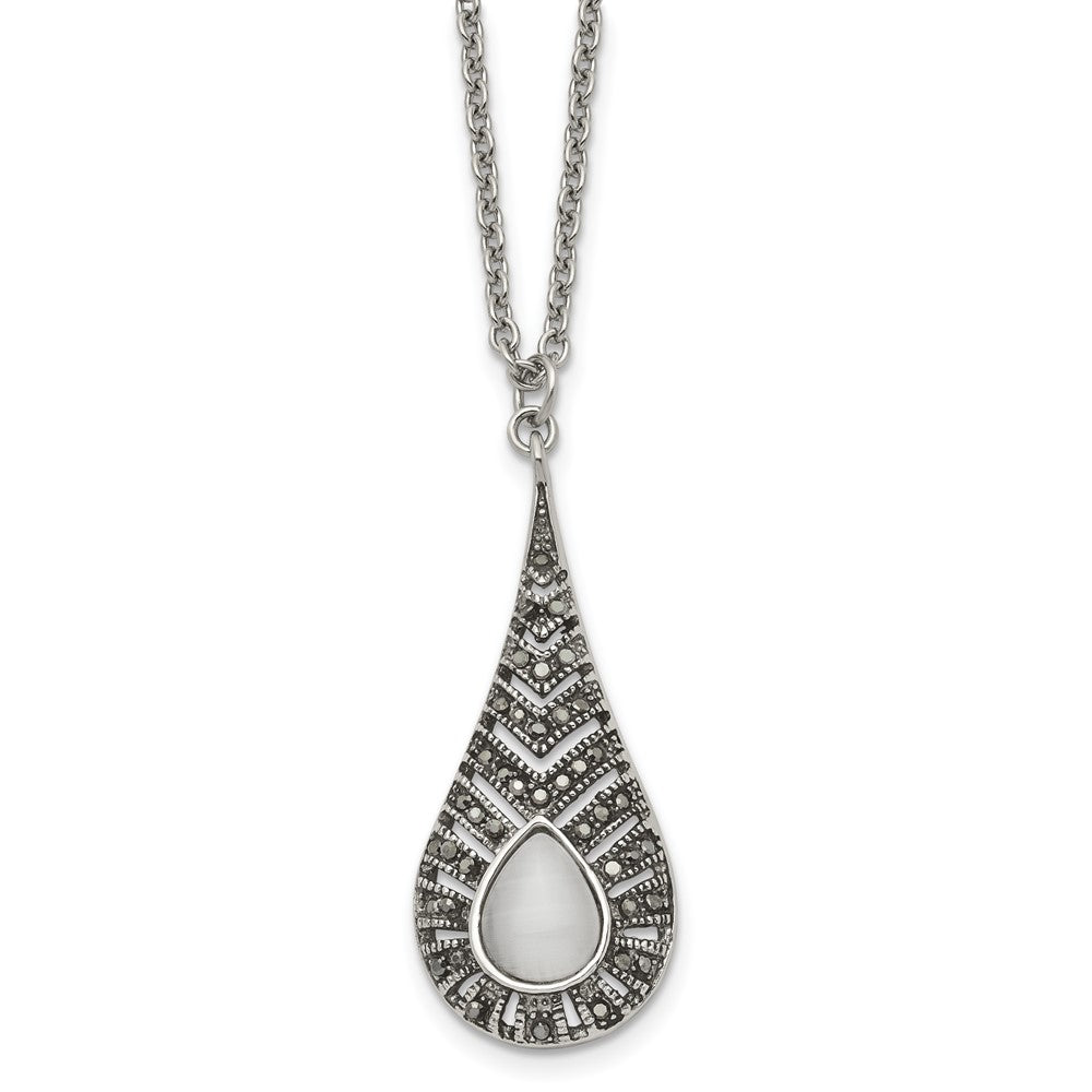 Stainless Steel Polished w/Marcasite and Cat's Eye 18in Necklace, 18 mm