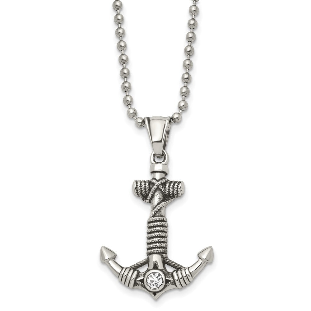 Chisel Stainless Steel Antiqued and Polished with CZ Anchor with Rope Pendant on a 20 inch Ball Chain Necklace, 20 x 26.93 mm