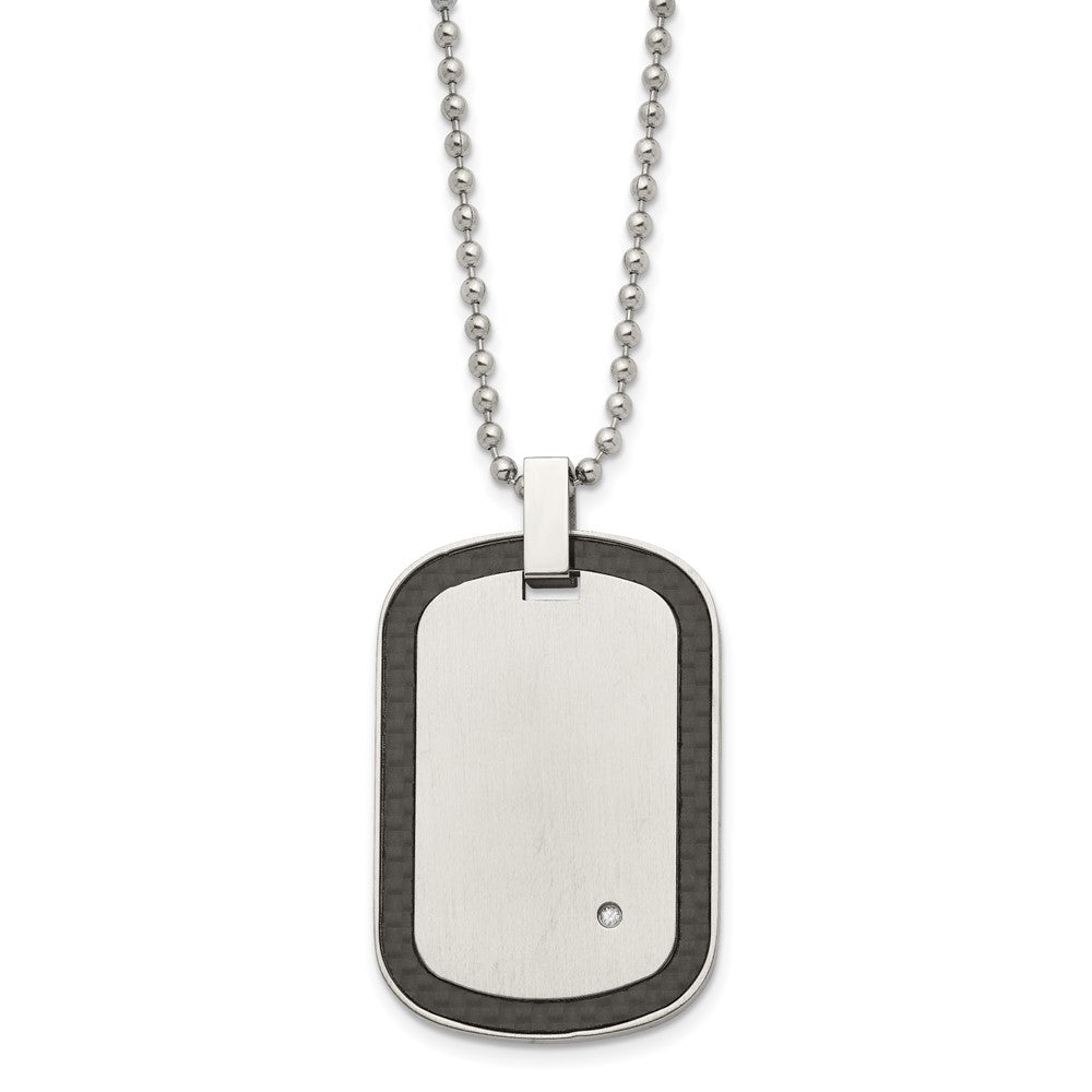 Chisel Stainless Steel Brushed with Black Carbon Fiber Inlay Edges and .01carat Diamond Dog Tag on a 24 inch Ball Chain Necklace, 24 x 28 mm