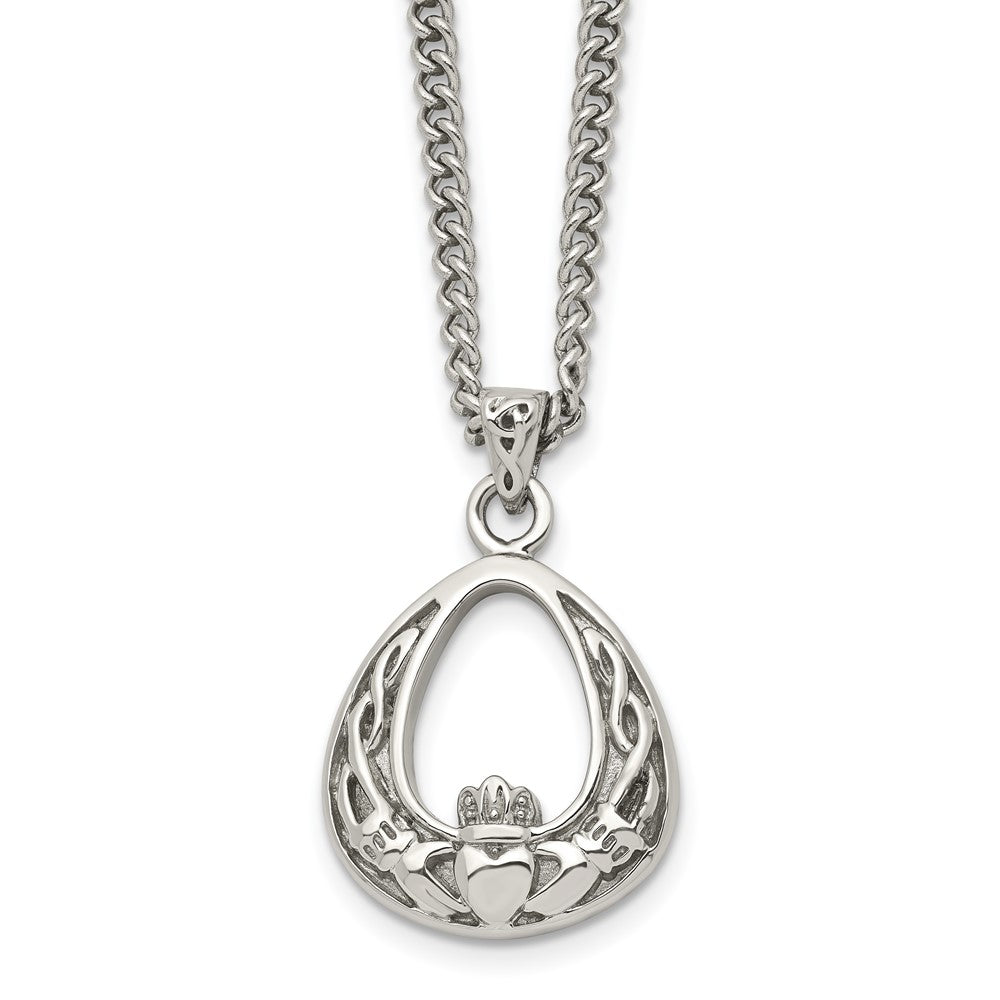 Chisel Stainless Steel Antiqued and Polished Claddagh Pendant on an 18 inch Curb Chain Necklace, 18 x 20.5 mm