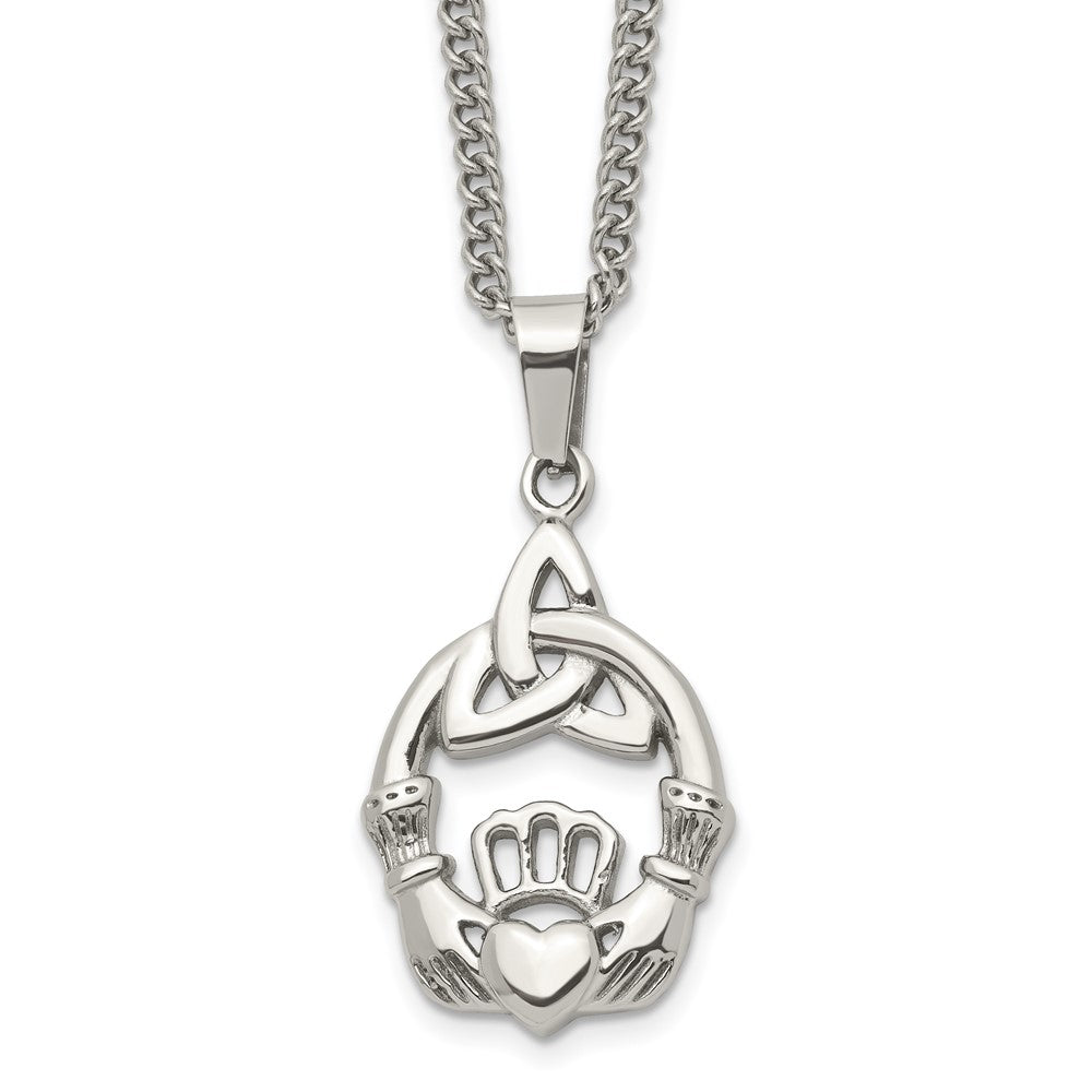 Chisel Stainless Steel Polished Trinity Knot and Claddagh Pendant on an 18 inch Curb Chain Necklace, 18 x 21.5 mm