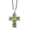 Chisel Stainless Steel Polished Printed Green Camo Under Rubber Cross Pendant on a 22 inch Curb Chain Necklace, 22 x 28.06 mm