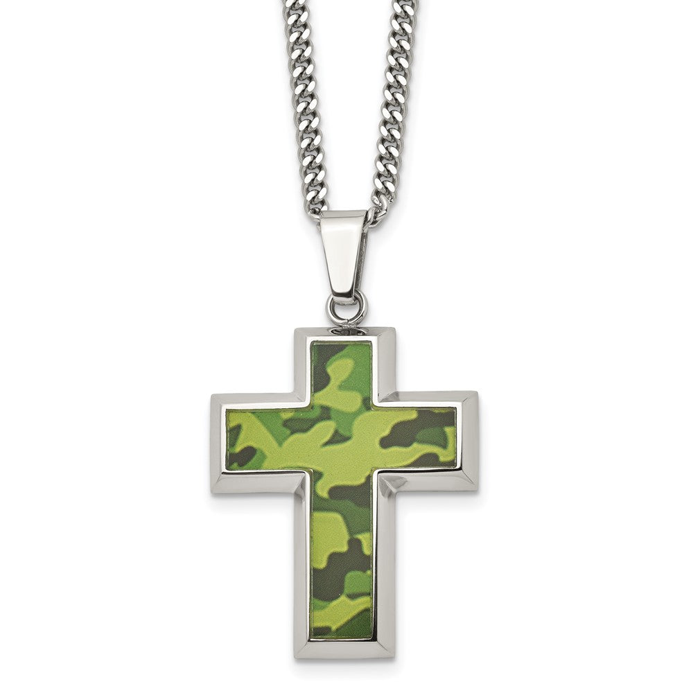 Chisel Stainless Steel Polished Printed Green Camo Under Rubber Cross Pendant on a 22 inch Curb Chain Necklace, 22 x 28.06 mm