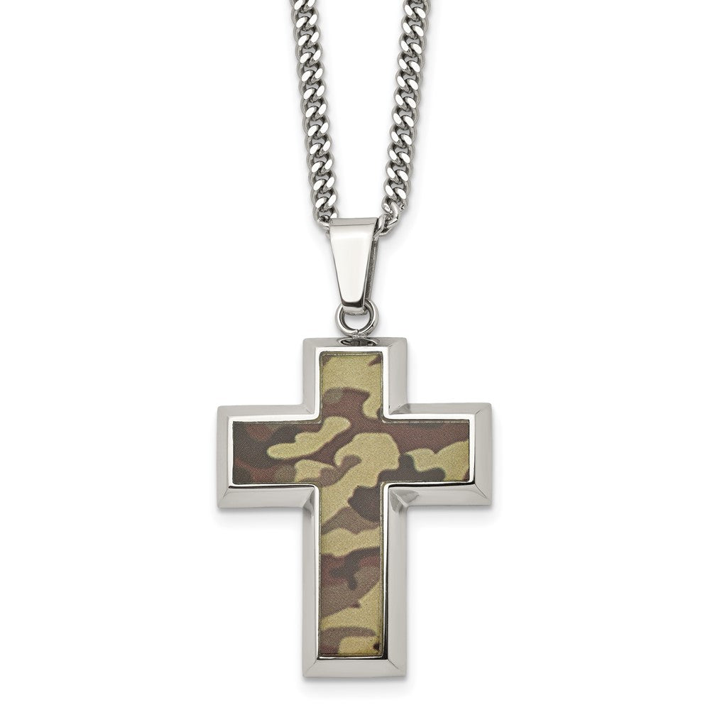 Chisel Stainless Steel Polished Printed Brown Camo Under Rubber Cross Pendant on a 22 inch Curb Chain Necklace, 22 x 22.94 mm