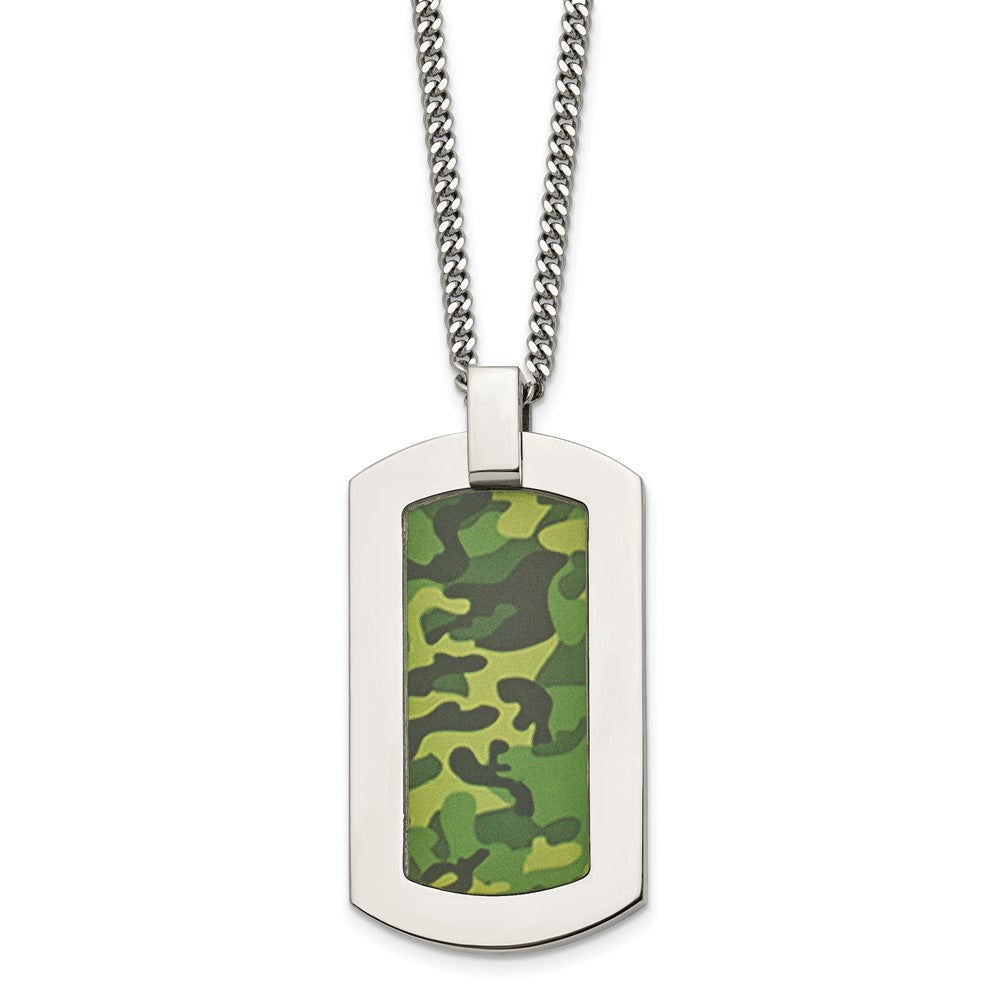 Chisel Stainless Steel Polished Printed Green Camo Under Rubber Dog Tag on a 22 inch Cable Chain Necklace, 22 x 28.05 mm