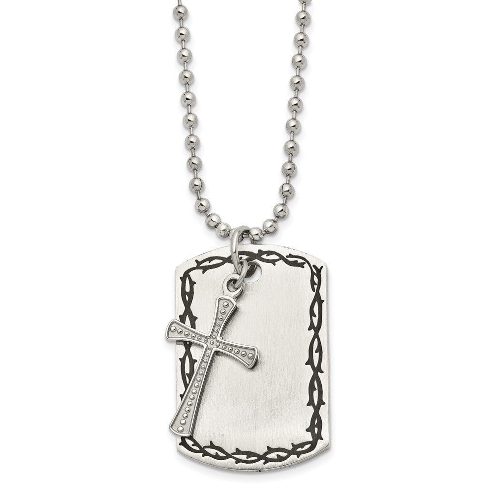 Chisel Stainless Steel Antiqued Brushed and Polished 2 Piece Textured Cross Dog Tag on a 22 inch Ball Chain Necklace, 22 x 30.08 mm