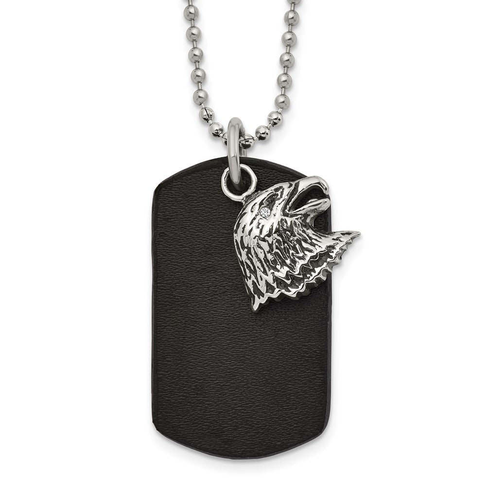 Chisel Stainless Steel Polished and Antiqued Eagle Leather Dog Tag on a 22 inch Ball Chain Necklace, 22 x 23.23 mm