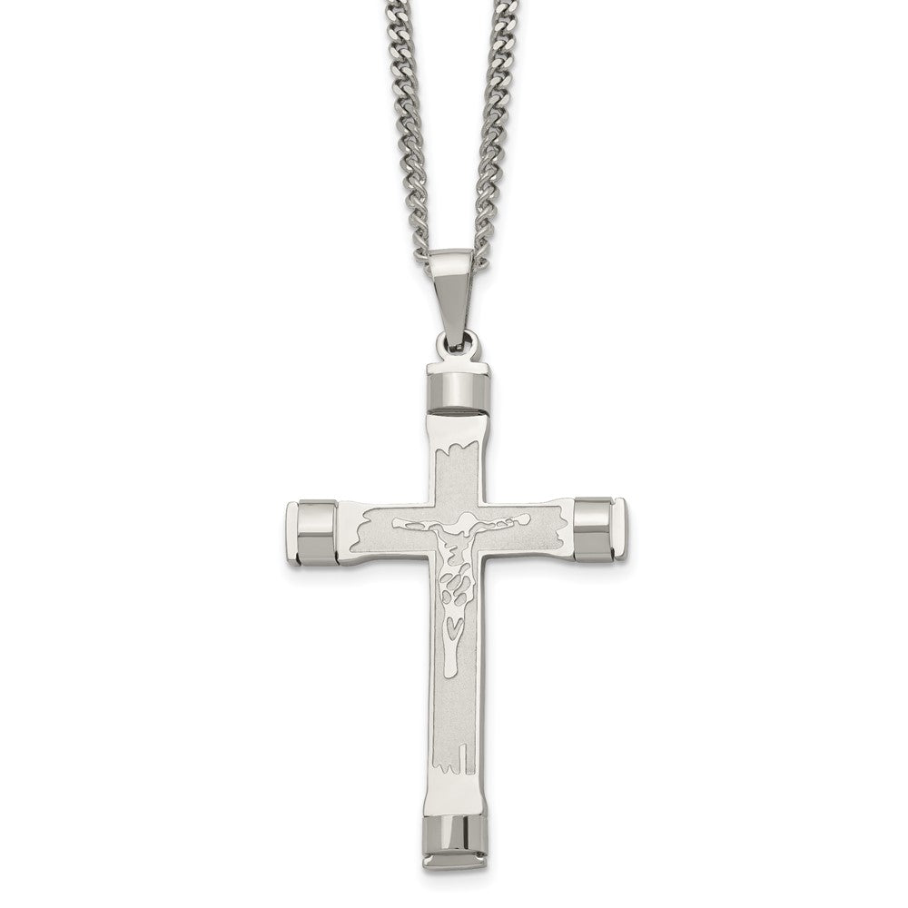 Chisel Stainless Steel Brushed and Polished Crucifix Pendant on a 22 inch Curb Chain Necklace, 22 x 35.64 mm
