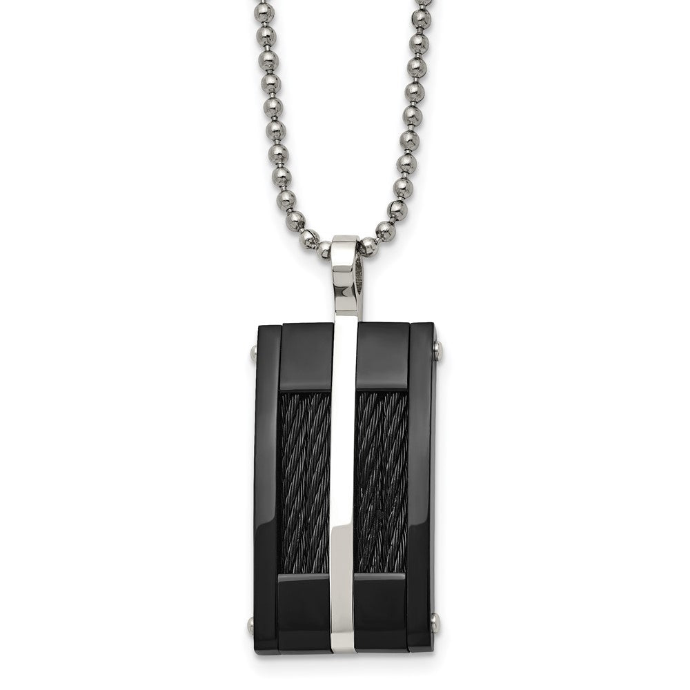 Stainless Steel  20in Polished Black IP-plated w/Cable Rectangle Necklace, 20 mm