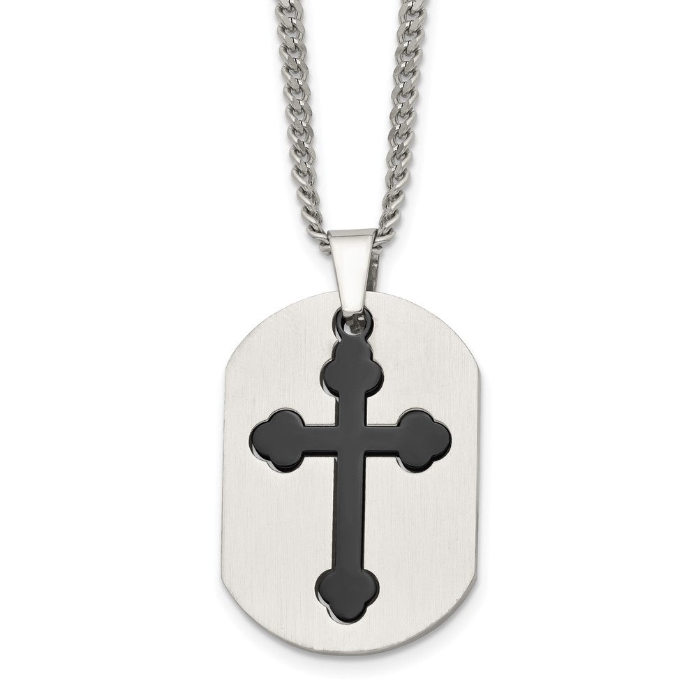 Chisel Stainless Steel Brushed and Polished Black IP-plated 2 Piece Cross and Dog Tag on a 22 inch Curb Chain Necklace, 22 x 21 mm