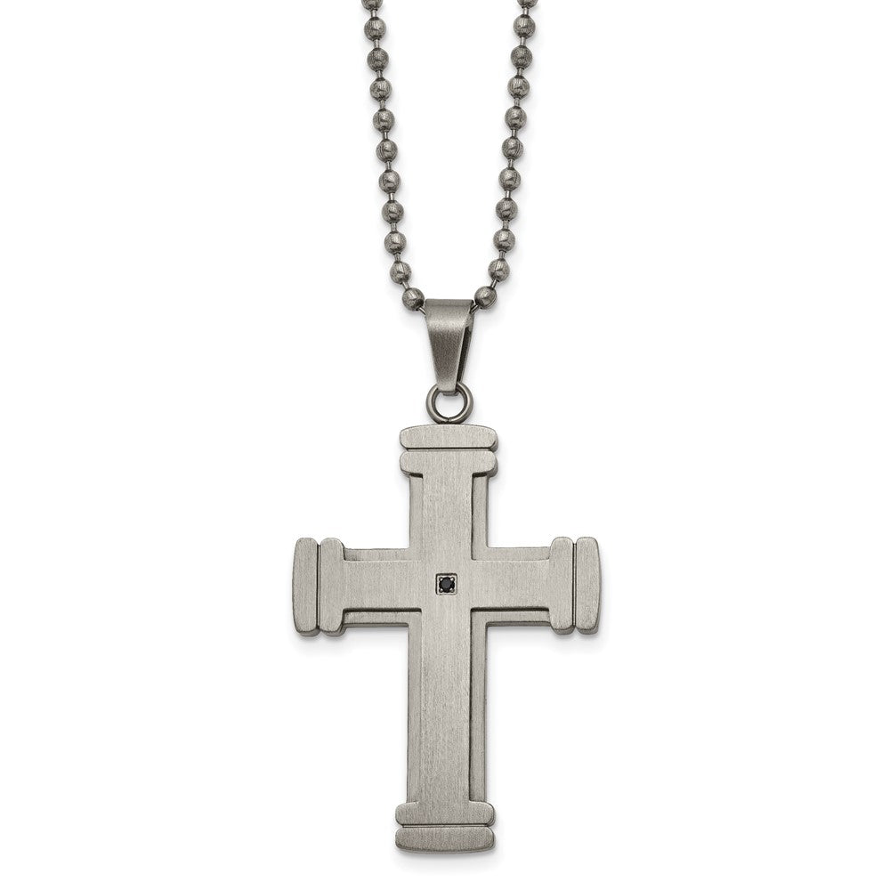 Chisel Stainless Steel Antiqued Brushed and Polished with Black CZ Cross Pendant on a 22 inch Ball Chain Necklace, 22 x 32.1 mm