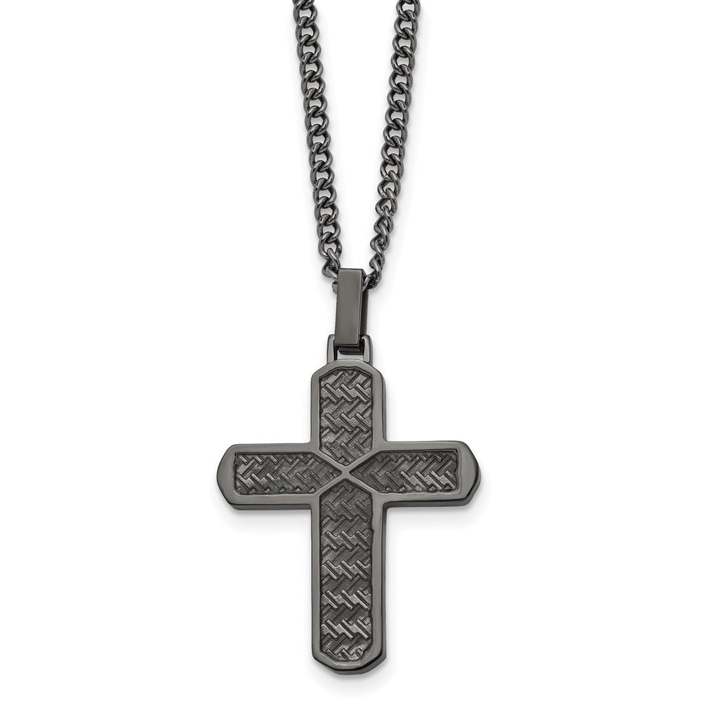 Chisel Stainless Steel Polished and Textured Gun Metal IP-plated Cross Pendant on a 22 inch Curb Chain Necklace, 22 x 24.93 mm