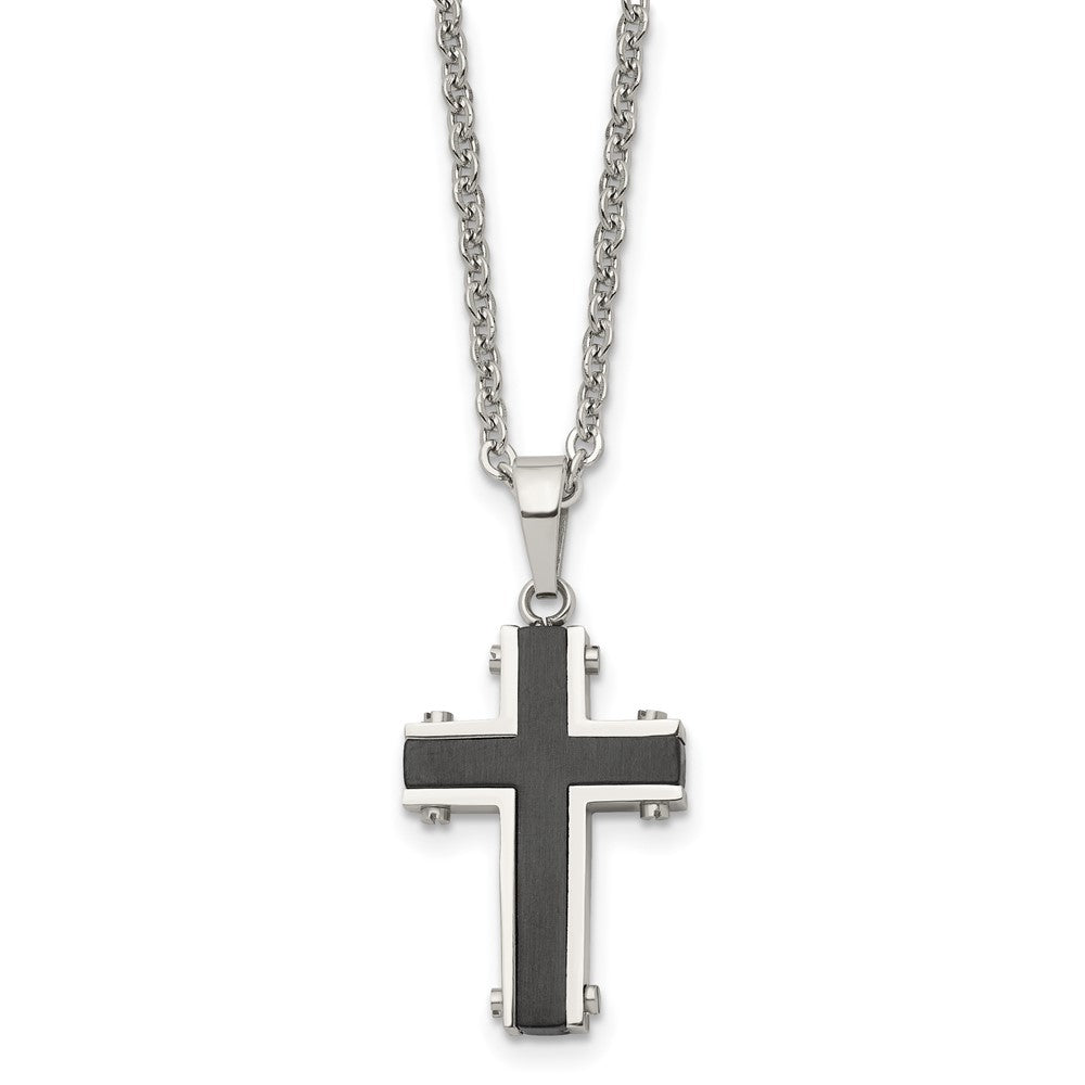 Chisel Stainless Steel Polished Black IP-plated Cross Pendant on a 22 inch Cable Chain Necklace, 22 x 17.12 mm