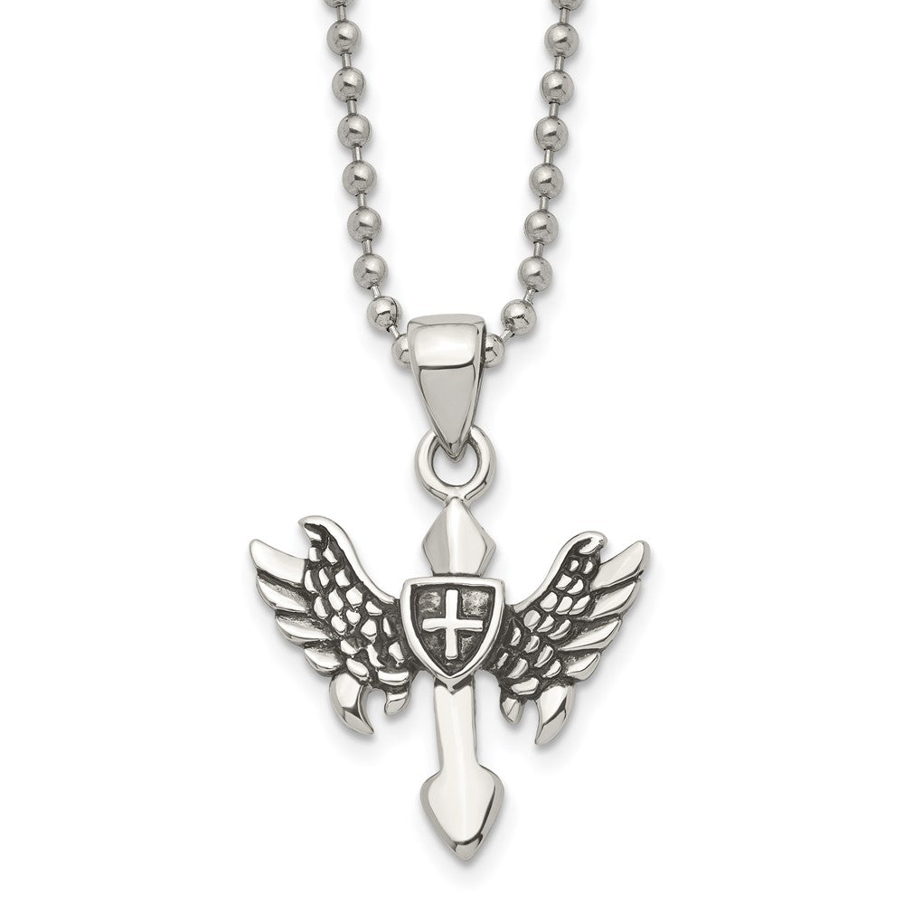 Chisel Stainless Steel Antiqued and Polished Cross with Wings Pendant on a 20 inch Ball Chain Necklace, 20 x 25 mm