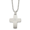 Chisel Stainless Steel Brushed and Polished with CZ Grooved Cross Pendant on a 22 inch Ball Chain Necklace, 22 x 25.85 mm
