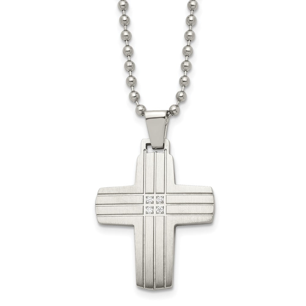 Chisel Stainless Steel Brushed and Polished with CZ Grooved Cross Pendant on a 22 inch Ball Chain Necklace, 22 x 25.85 mm