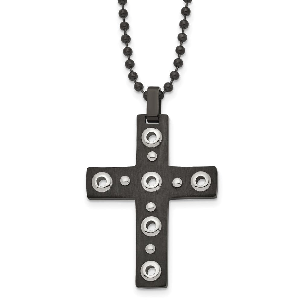 Stainless Steel Brushed and Polished Black IP-plated Cross 22in Necklace, 22 mm