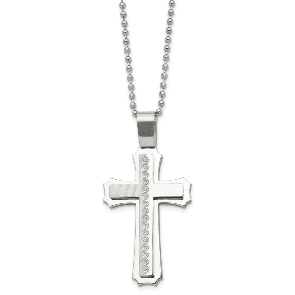 Chisel Stainless Steel Brushed and Polished Swirl Design Cross Pendant on a 24 inch Ball Chain Necklace, 24 x 31.57 mm