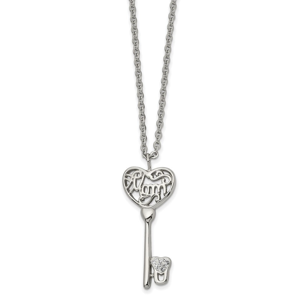 Chisel Stainless Steel Polished Clear Crystal Mom Heart Key Pendant on a 20 inch Cable Chain Necklace, 20 x 16.6 mm