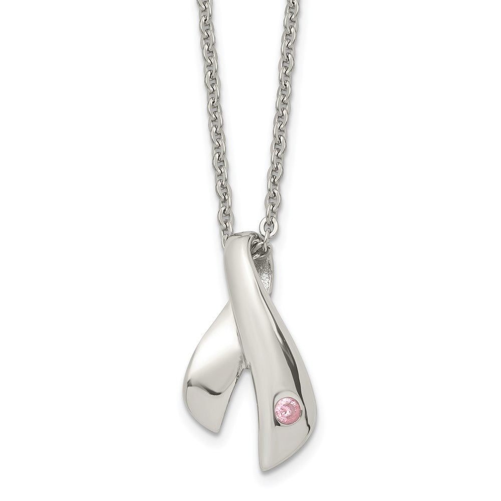 Stainless Steel Polished w/Pink Awareness CZ 20in Necklace, 20 mm