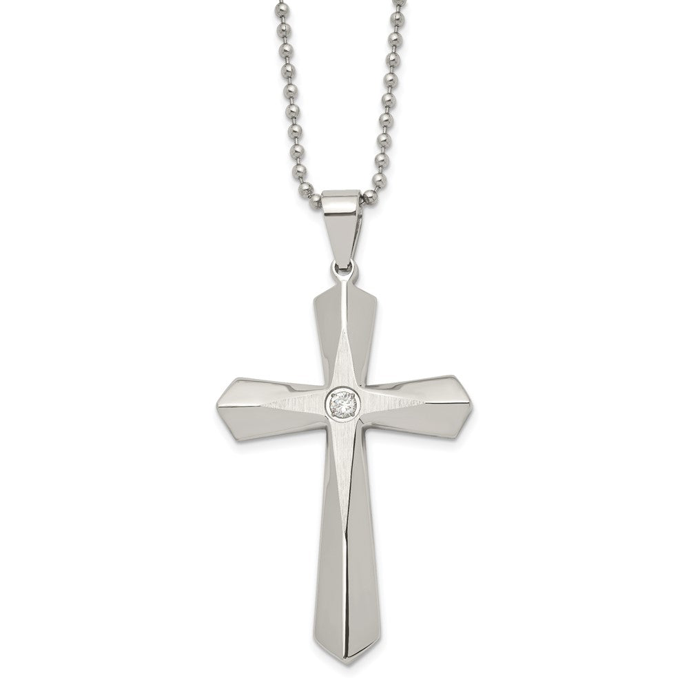 Chisel Stainless Steel Brushed and Polished with CZ Cross Pendant on a 24 inch Ball Chain Necklace, 24 x 39.18 mm